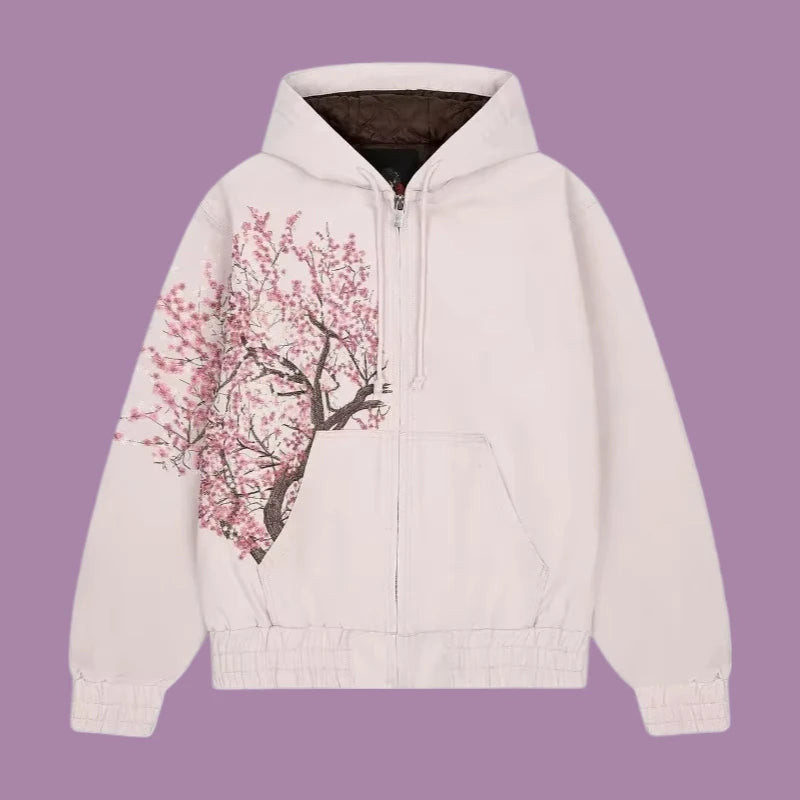 Retro Cherry Blossom Embroidery Oversize Zipper Hoodie