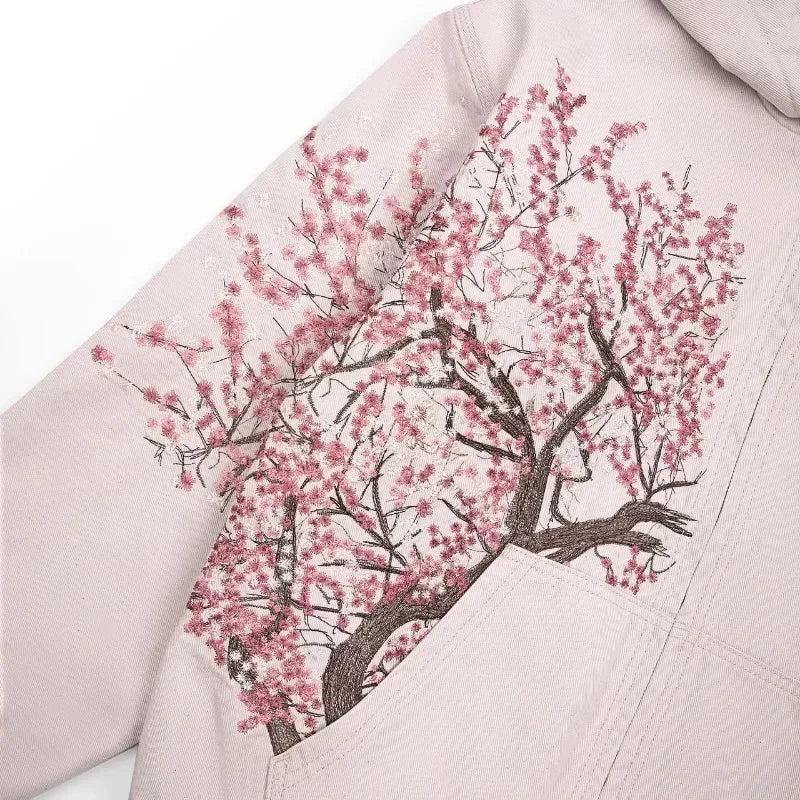 Retro Cherry Blossom Embroidery Oversize Zipper Hoodie