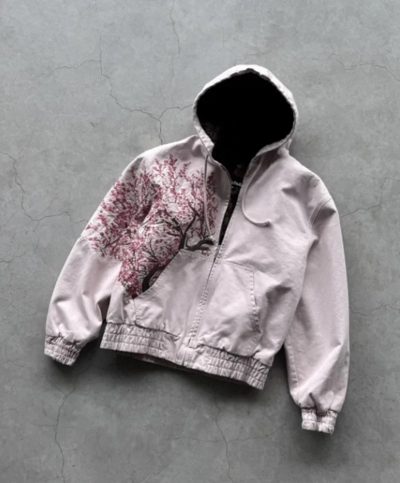 Retro Cherry Blossom Embroidery Oversize Zipper Hoodie