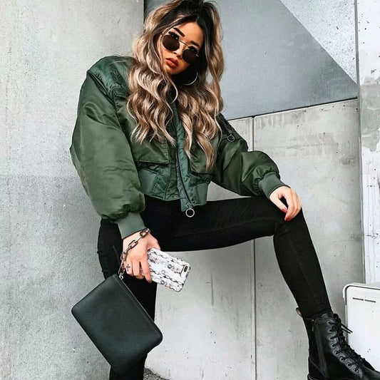 Stylish Lady Green Long Sleeves Short Zipper Bomber Jacket