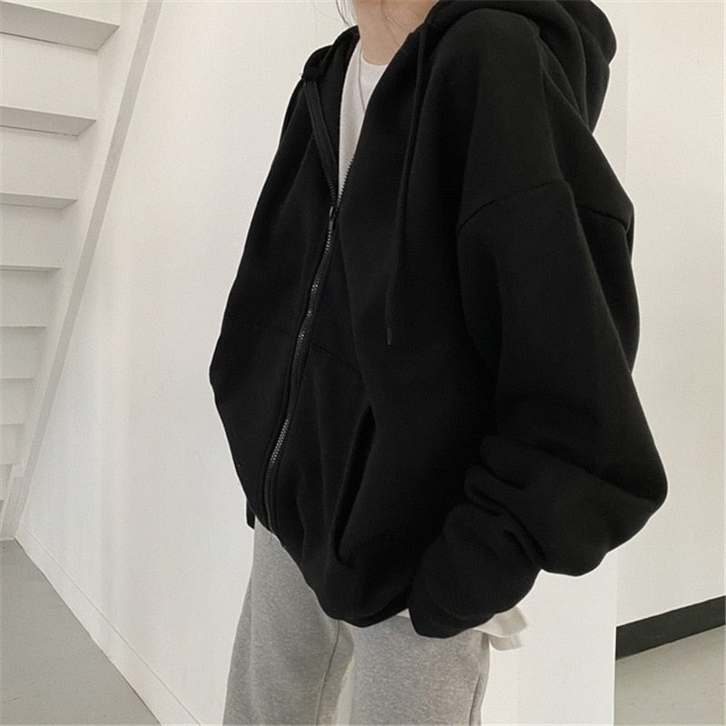 Women Solid Colour Zip Up Pocket Oversized Long Sleeve Hoodie