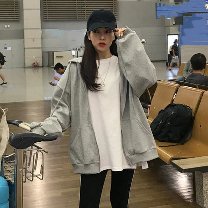 Women Solid Colour Zip Up Pocket Oversized Long Sleeve Hoodie