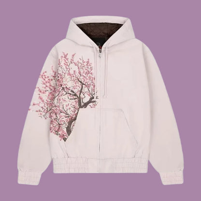 Retro Cherry Blossom Embroidery Oversize Zipper Hoodie