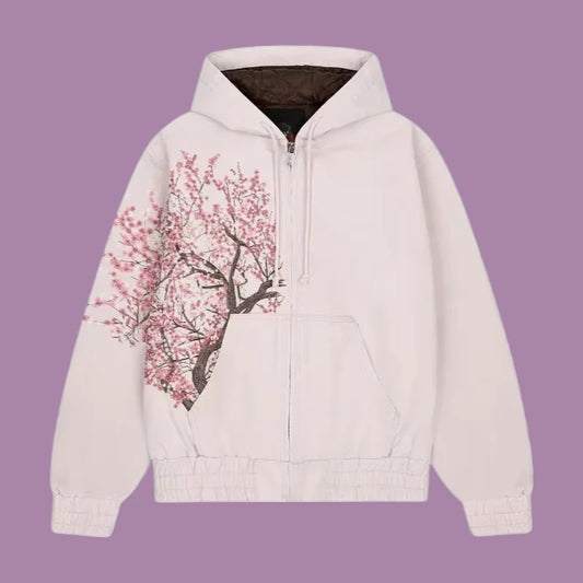 Retro Cherry Blossom Embroidery Oversize Zipper Hoodie