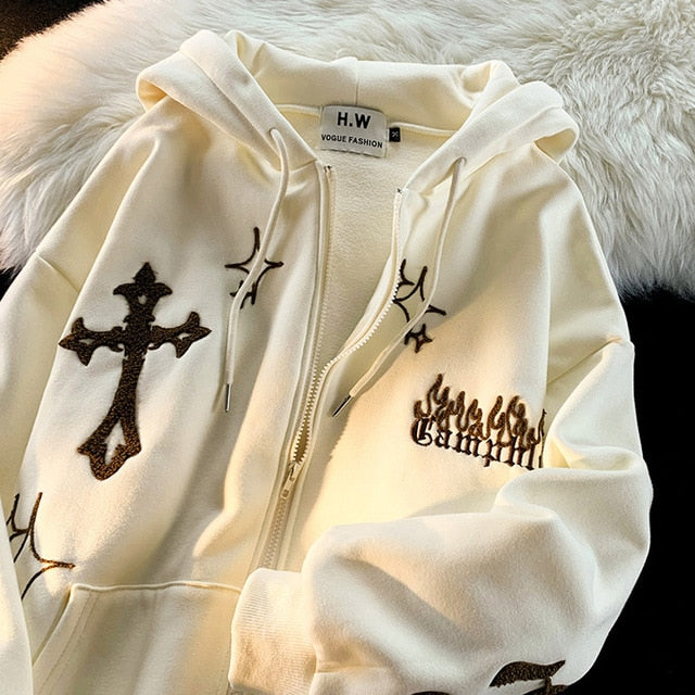 Zipper Gothic Printed Hooded Long Sleeve Jacket