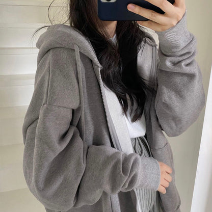 Women Solid Colour Zip Up Pocket Oversized Long Sleeve Hoodie