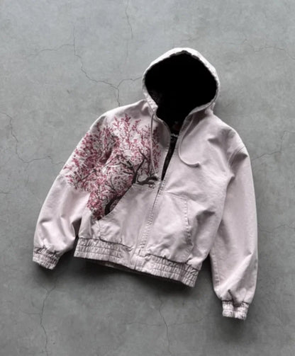 Retro Cherry Blossom Embroidery Oversize Zipper Hoodie