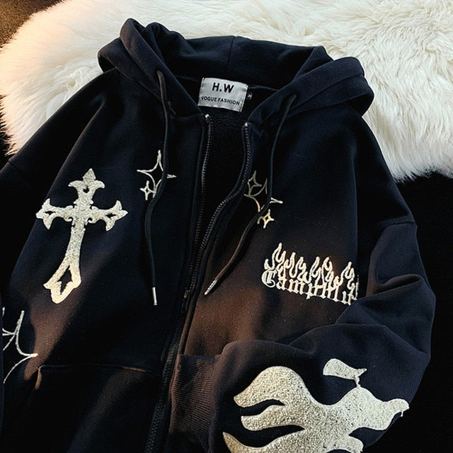 Zipper Gothic Printed Hooded Long Sleeve Jacket