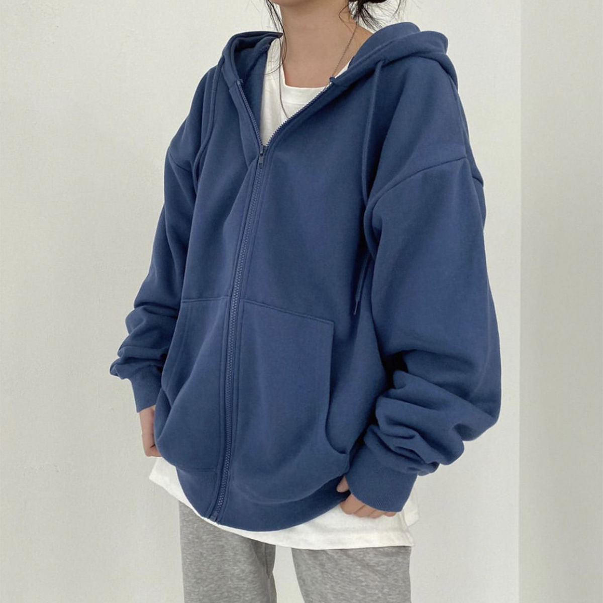 Women Solid Colour Zip Up Pocket Oversized Long Sleeve Hoodie