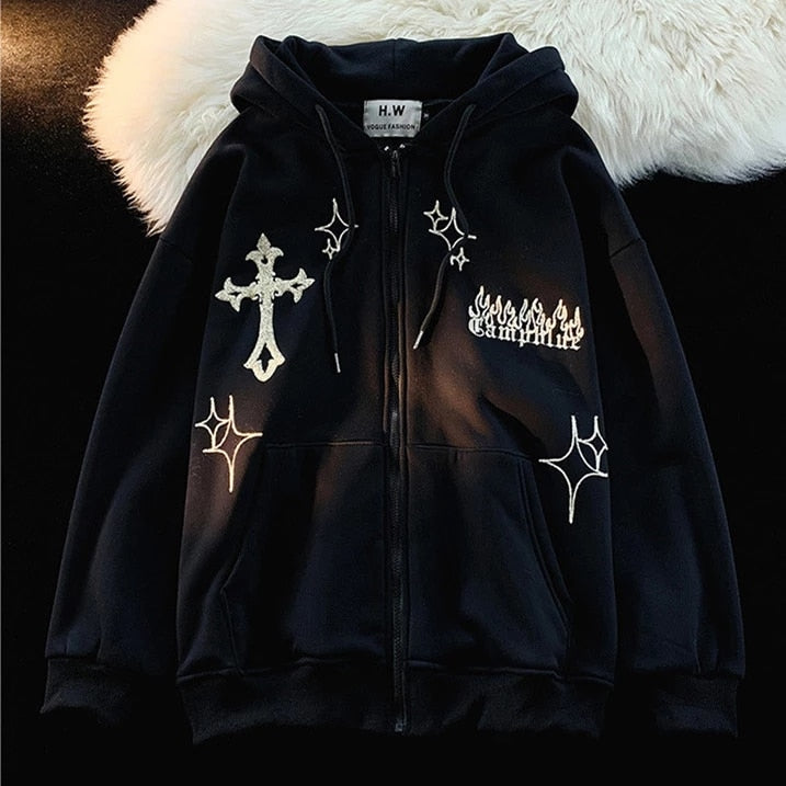 Zipper Gothic Printed Hooded Long Sleeve Jacket