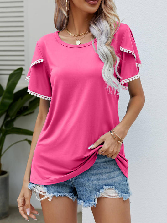 Trim Flutter Round Neck Casual Tees - Elysian