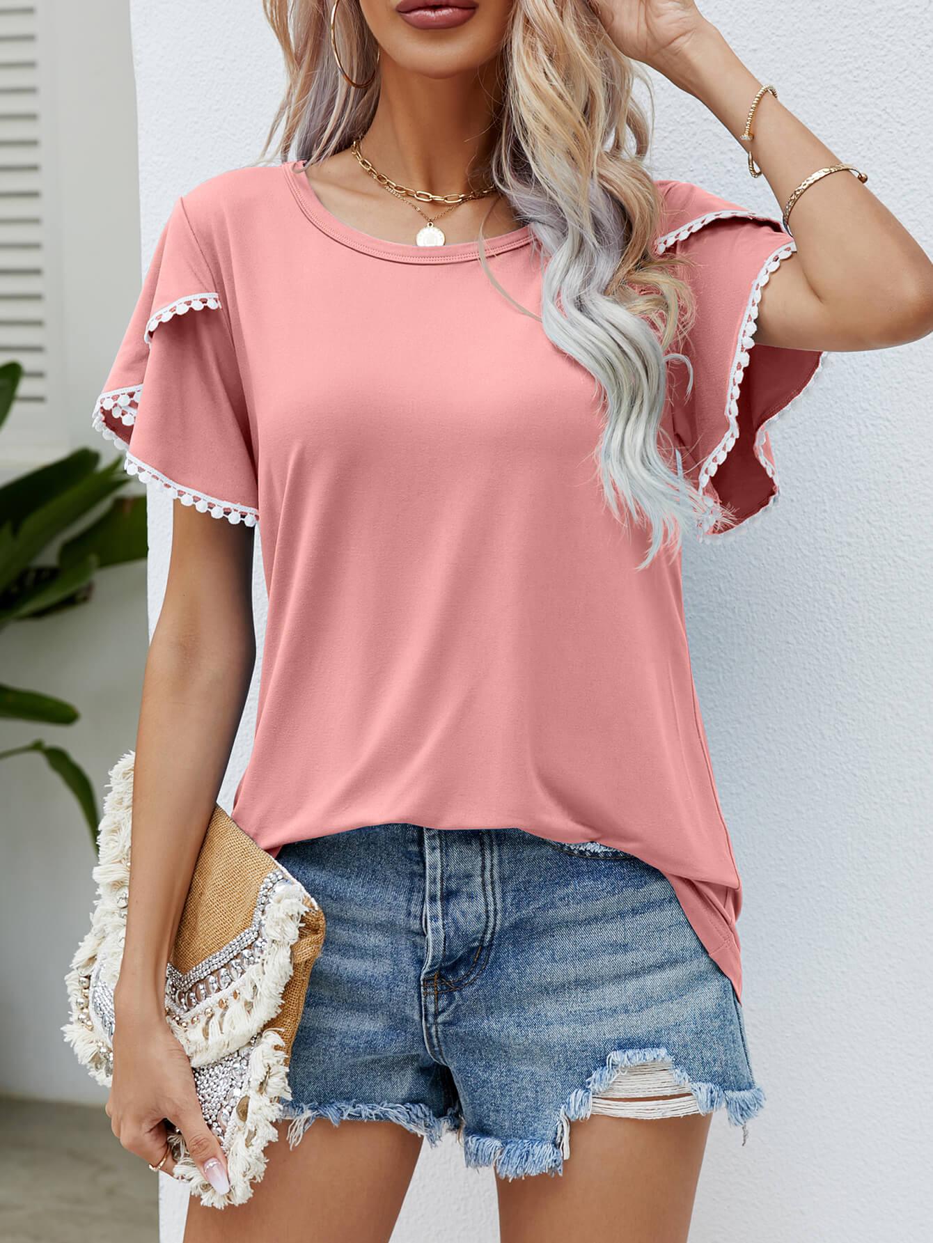 Trim Flutter Round Neck Casual Tees - Elysian