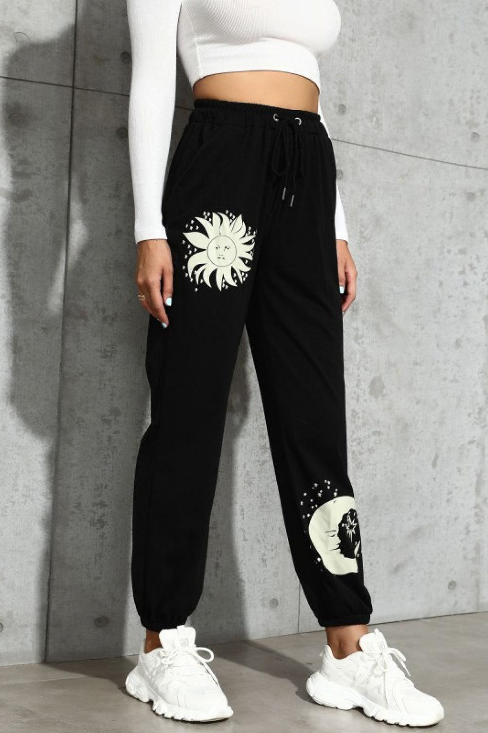 Sun and Moon Graphic Drawstring Joggers - Elysian