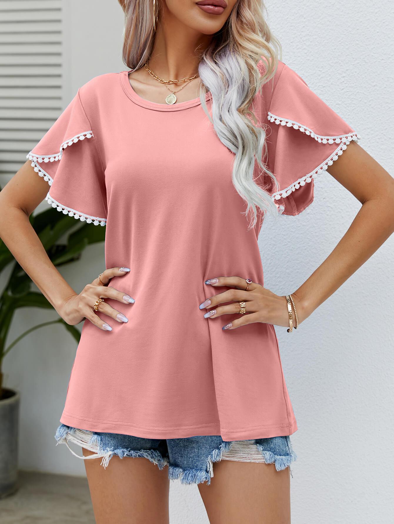 Trim Flutter Round Neck Casual Tees - Elysian