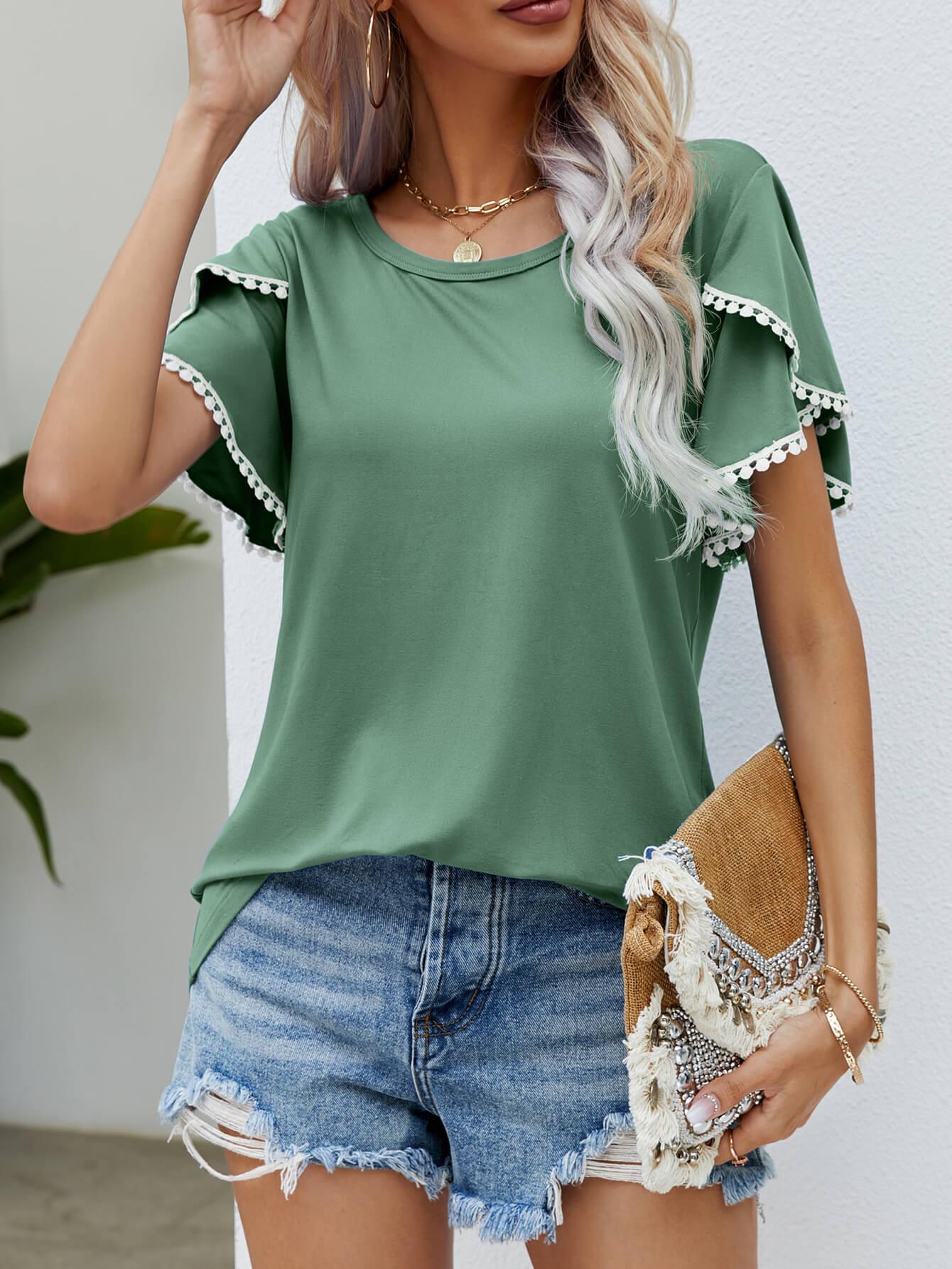 Trim Flutter Round Neck Casual Tees - Elysian