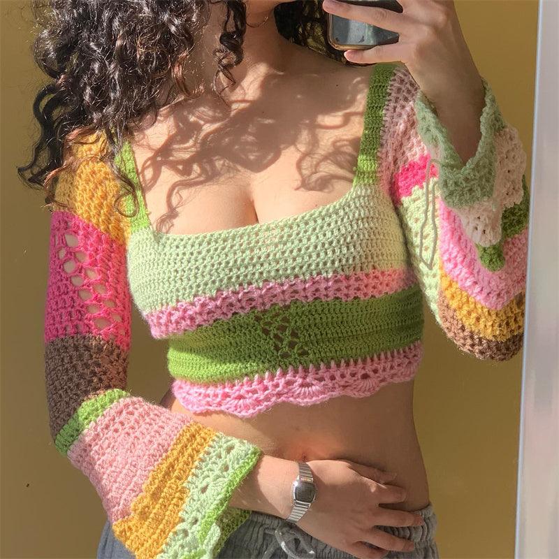 Women Summer Crop Top Splicing Crochet Square Neck Long Sleeves Knitted Tees - Elysian