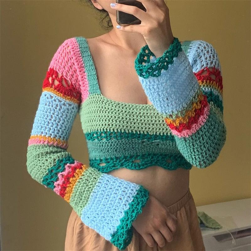 Women Summer Crop Top Splicing Crochet Square Neck Long Sleeves Knitted Tees - Elysian