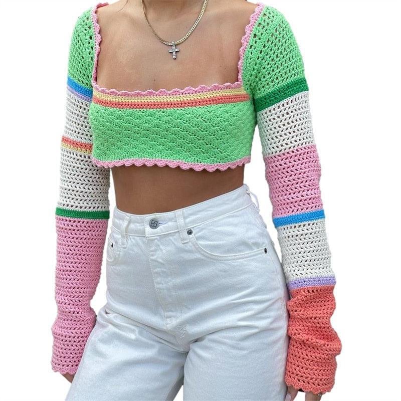 Women Summer Crop Top Splicing Crochet Square Neck Long Sleeves Knitted Tees - Elysian