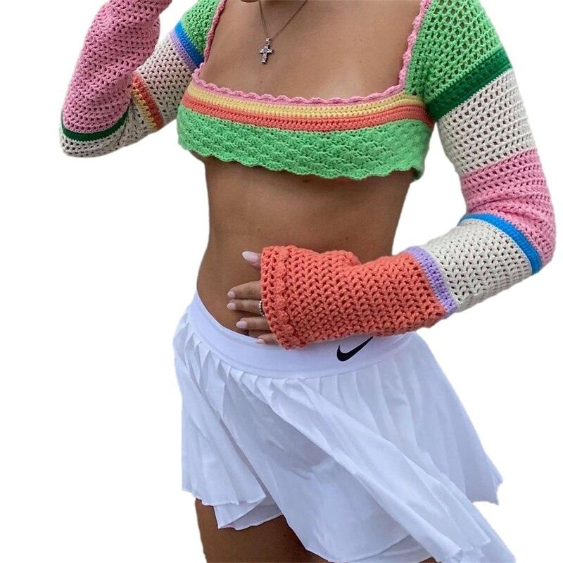 Women Summer Crop Top Splicing Crochet Square Neck Long Sleeves Knitted Tees - Elysian