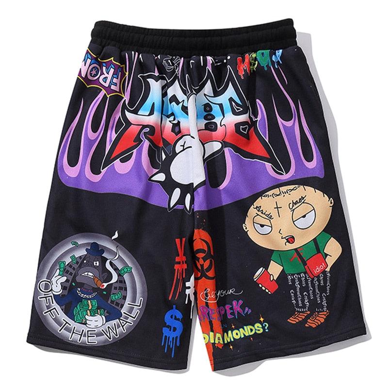 Men’s Knee Length Shorts Cartoon Graffiti Print - Elysian