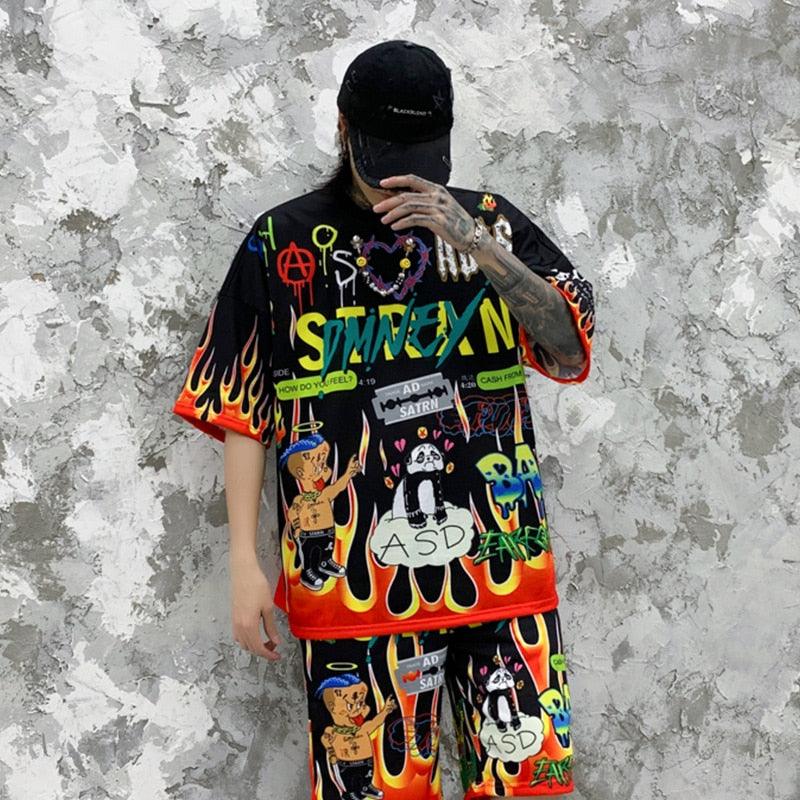 Men’s Cartoon Graffiti Print Cozy Short Sleeve Tees - Elysian