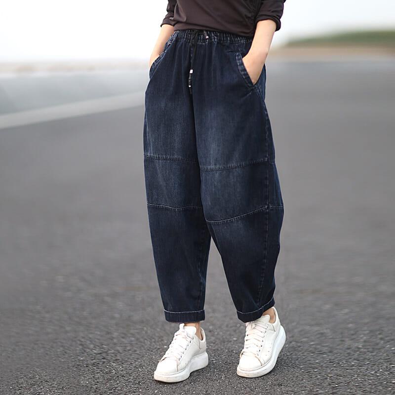 Puffed Style Womens Waist Elastic Loose Jeans