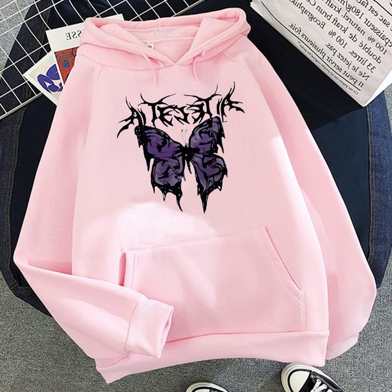 Rough Butterfly Printed Gothic Style Hoodies for Ladies - Elysian