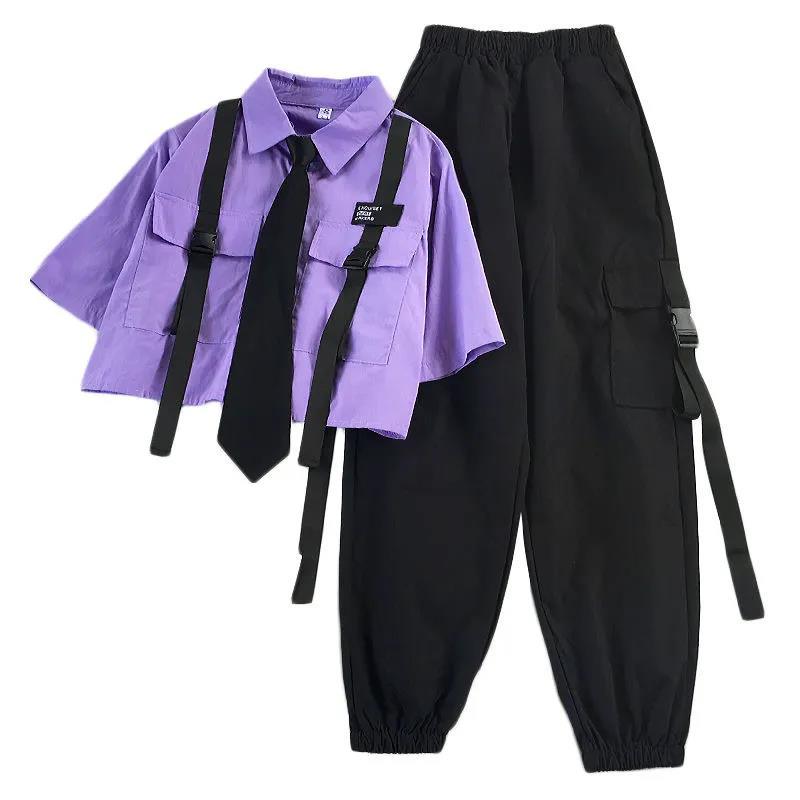 Short-Sleeved Shirt & High-Waist Pants with Tie Two-Piece Set - Elysian