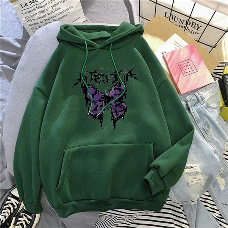 Rough Butterfly Printed Gothic Style Hoodies for Ladies - Elysian