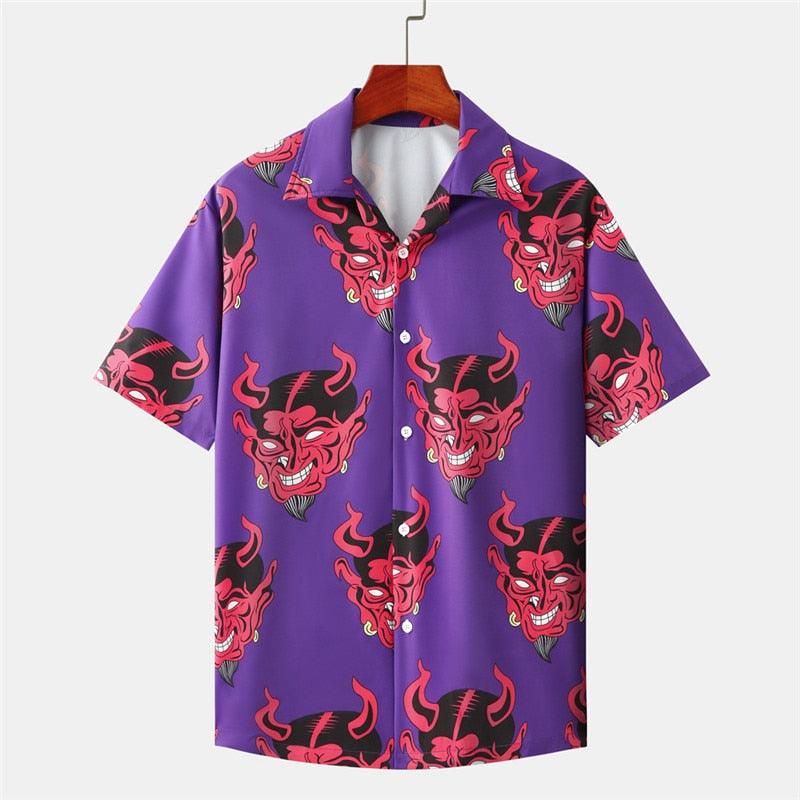 Devil Printed Short Sleeve Floral Loose Summer Shirt - Elysian