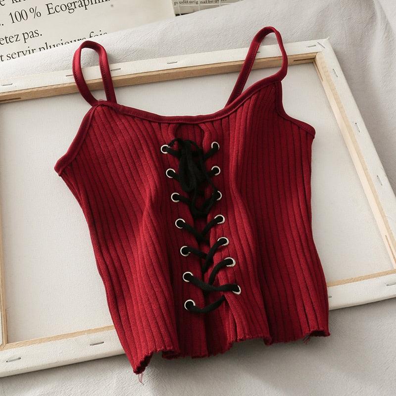 Cropped Spaghetti Straps Knitting Camisole Drawstring Tops - Elysian