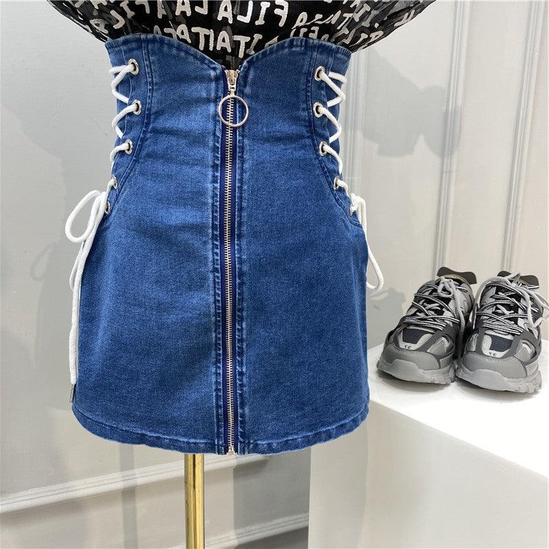 Denim A-Line Lace-Up Front Ring Zipper Mini Skirt - Elysian