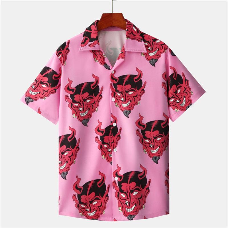 Devil Printed Short Sleeve Floral Loose Summer Shirt - Elysian