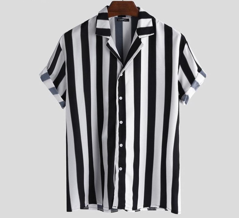 Men Striped Casual Lapel Neck Short Sleeve Button Shirt. - Elysian