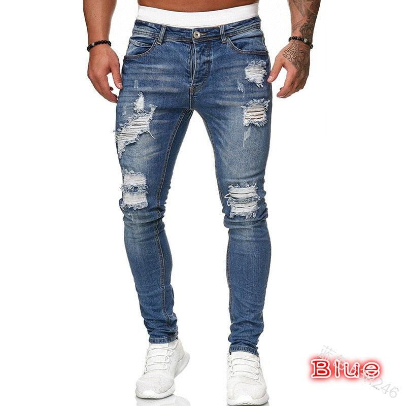 Men’s Ripped Skinny Jeans Blue Slim Fit Denim Pants - Elysian