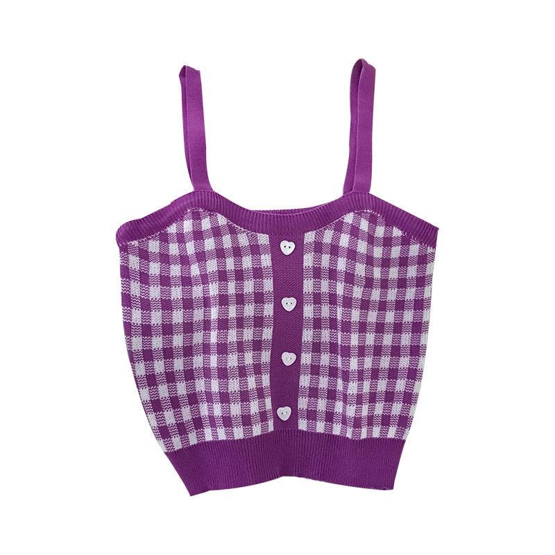 Women’s Knitted Plaid Button Up Crop Tops - Elysian