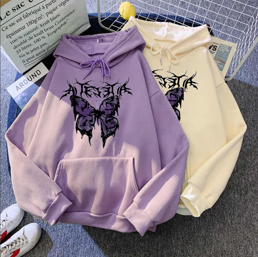 Rough Butterfly Printed Gothic Style Hoodies for Ladies - Elysian