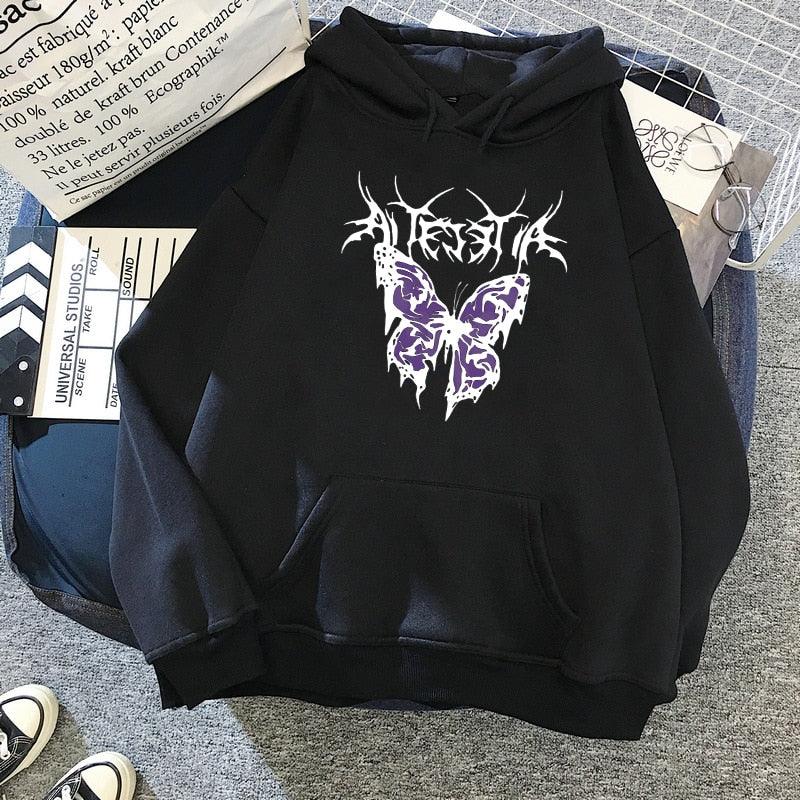 Rough Butterfly Printed Gothic Style Hoodies for Ladies - Elysian