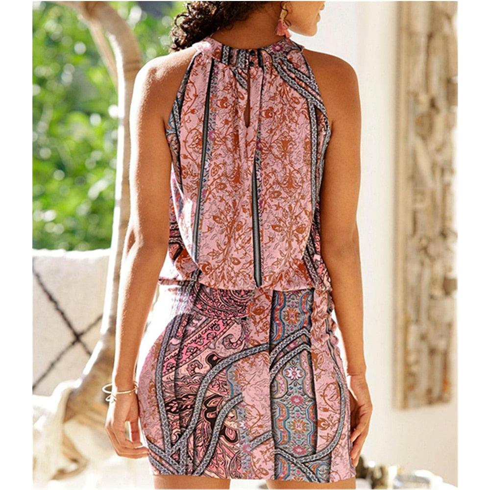 Paisley Mix Print O-neck Tank Sleeveless Back Hollow Dresses - Elysian