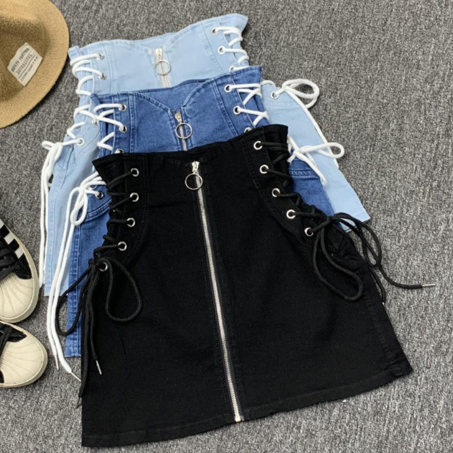 Denim A-Line Lace-Up Front Ring Zipper Mini Skirt - Elysian