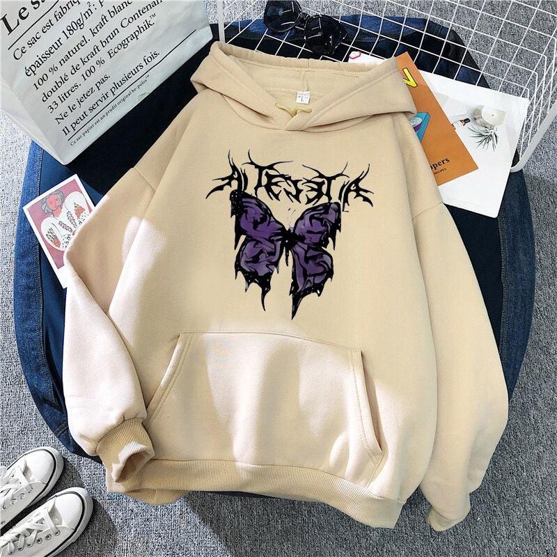 Rough Butterfly Printed Gothic Style Hoodies for Ladies - Elysian