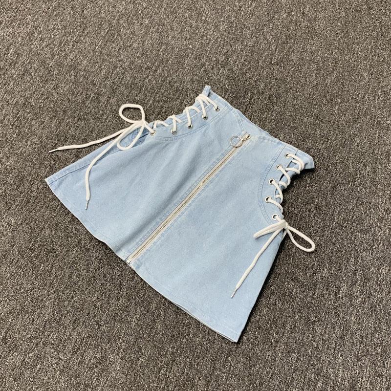 Denim A-Line Lace-Up Front Ring Zipper Mini Skirt - Elysian