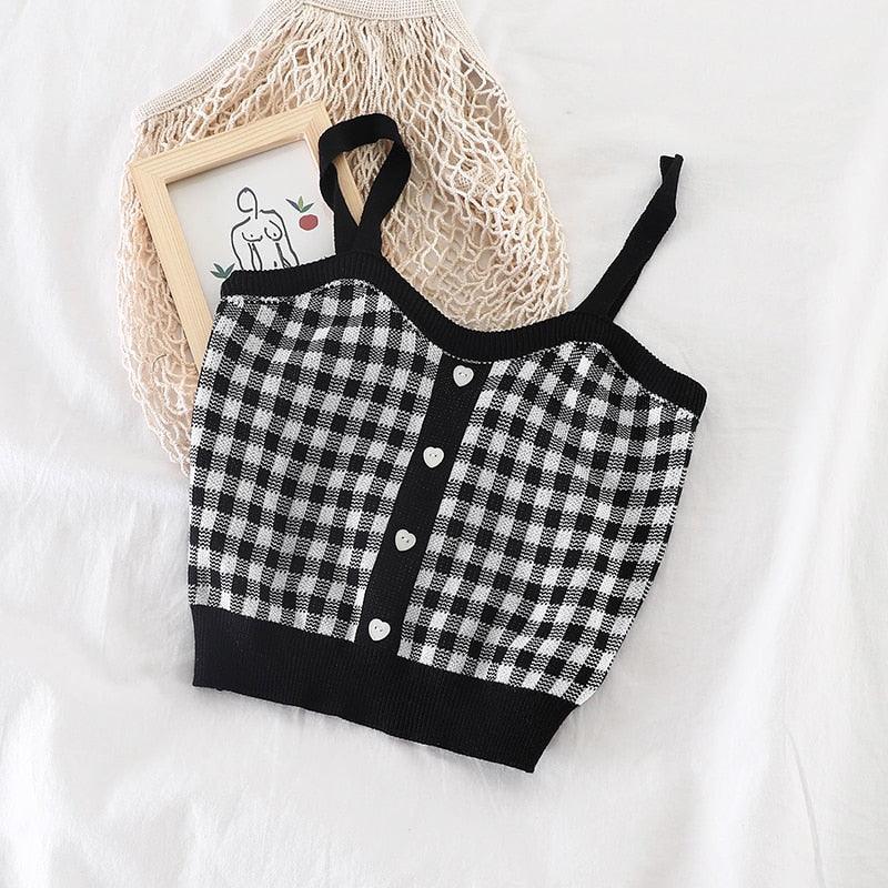 Women’s Knitted Plaid Button Up Crop Tops - Elysian