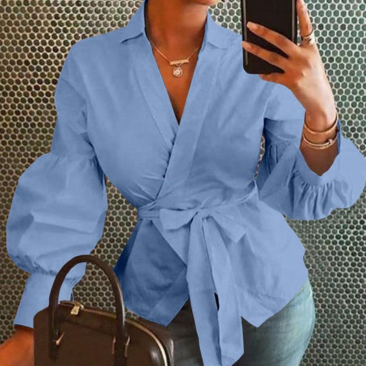 Causal Women’s Elegant Lantern Sleeve Belted Tunic Shirts - Elysian