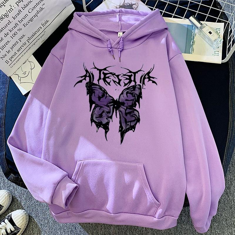 Rough Butterfly Printed Gothic Style Hoodies for Ladies - Elysian