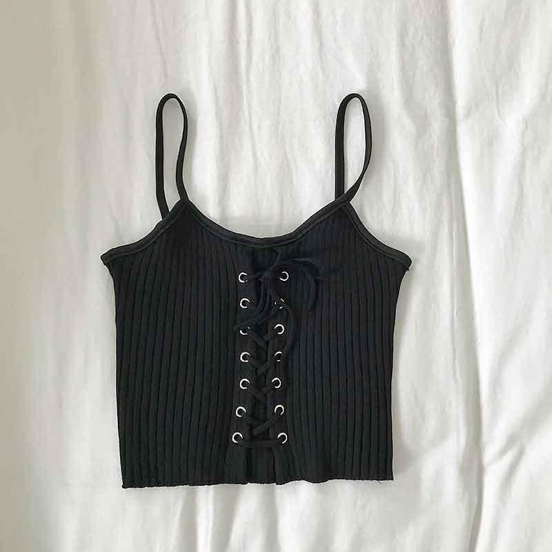 Cropped Spaghetti Straps Knitting Camisole Drawstring Tops - Elysian