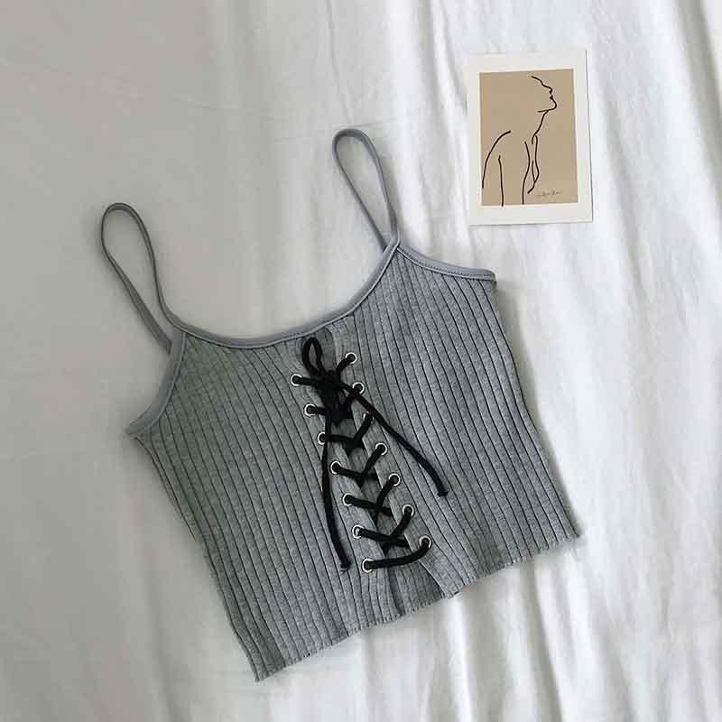 Cropped Spaghetti Straps Knitting Camisole Drawstring Tops - Elysian