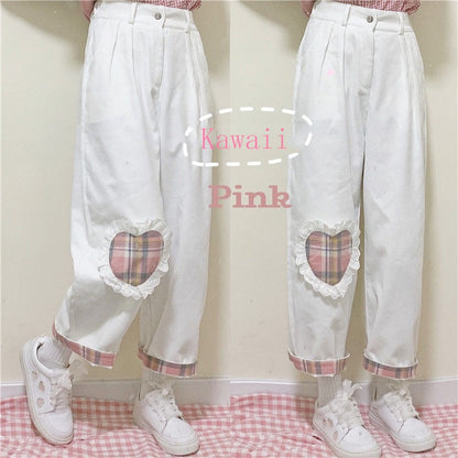 Cotton Heart Patched Pink Pants