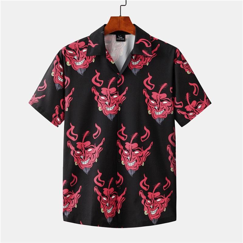 Devil Printed Short Sleeve Floral Loose Summer Shirt - Elysian