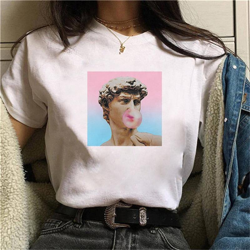 Facial Printed Short Sleeved White Women’s Tees - Elysian